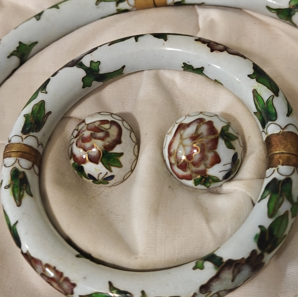 Rare Chinese Export Vintage 60s Cloisonne Hinged Pipe Jewelry Set - Picture 16 of 16